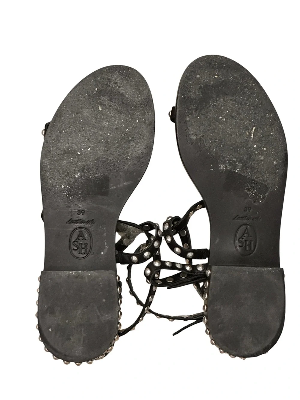 ASH Petra Silver Studded Buttery Black Leather Strappy Flat Sandal Size EU 39